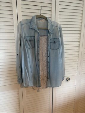 Light Wash Denim Button-Up Shirt with Lace Back